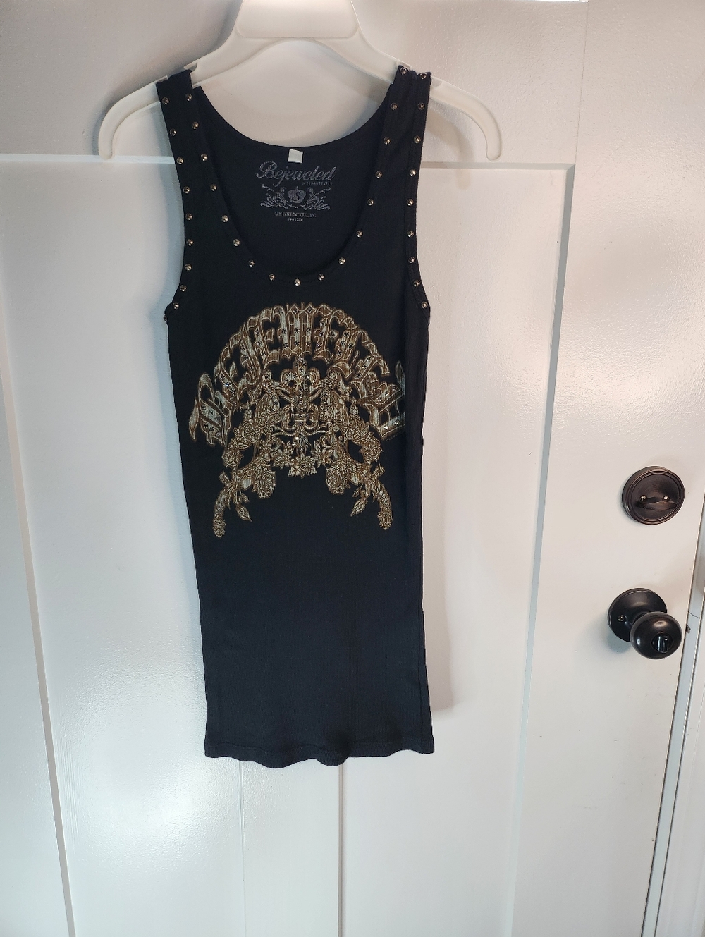 Bejeweled Black Tank with Gold Embellished Crest
